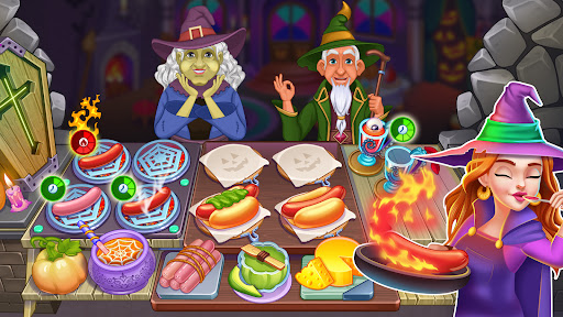 Szef kuchni gotuje halloweenowe dania, kolorowe potrawy na tle nawiedzonej kuchni